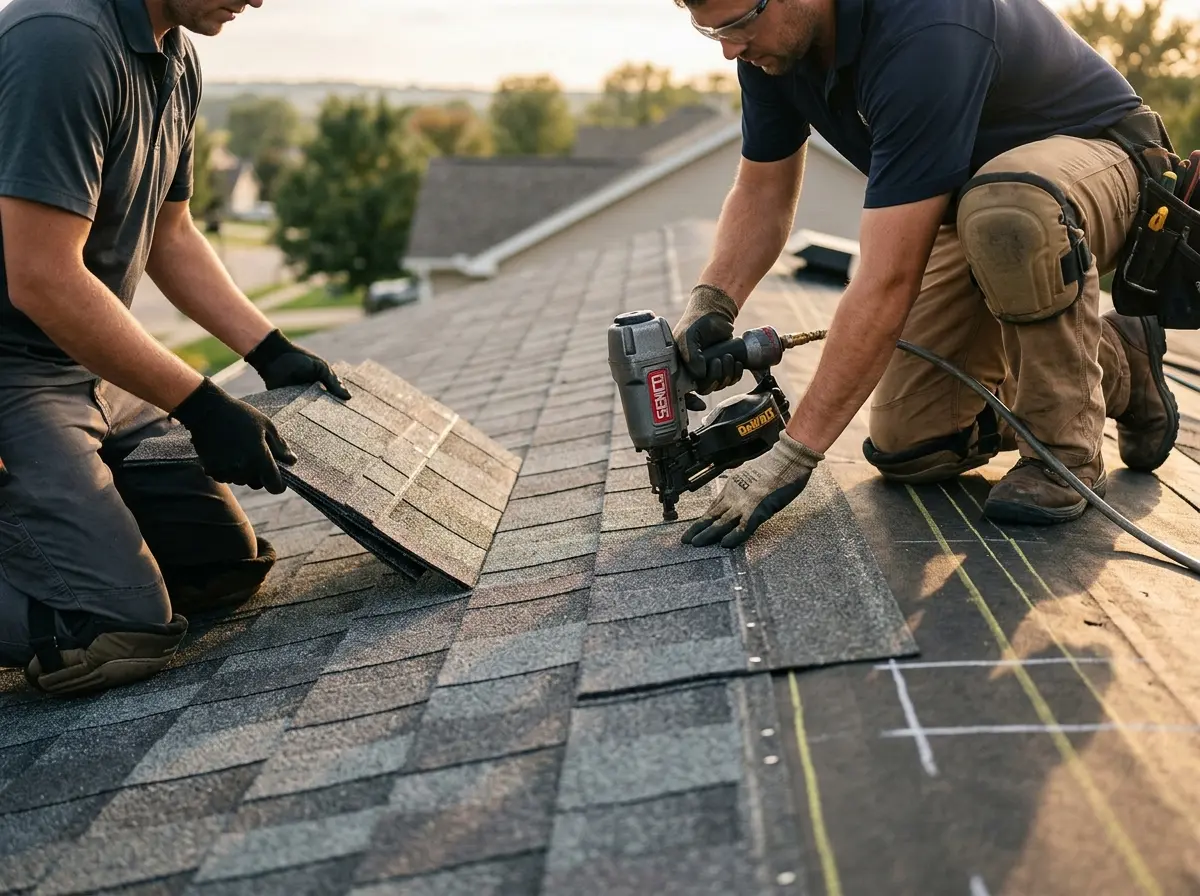 Professional roofer working on a residential roof in Waseca